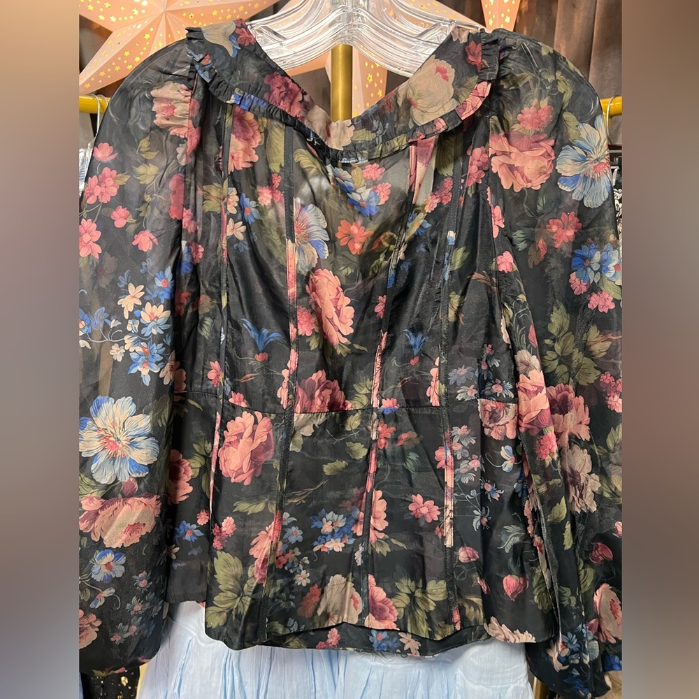 Anthropologie Floral Sheer Blouse - Black, Pink, Blue - Picture 5 of 11